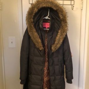 Betsey Johnson XS winter coat lined with leopard and rose print